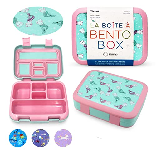 Kinsho Bento Lunch Box for Kids Toddlers, 5 Portion Control Sections, BPA Free Removable Plastic Tray, Pre-School Kid Toddler Daycare Lunches, Snack Container Ages 3 to 7 (Aqua Cat Mermaid)