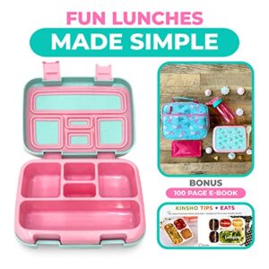 Kinsho Bento Lunch Box for Kids Toddlers, 5 Portion Control Sections, BPA Free Removable Plastic Tray, Pre-School Kid Toddler Daycare Lunches, Snack Container Ages 3 to 7 (Aqua Cat Mermaid)