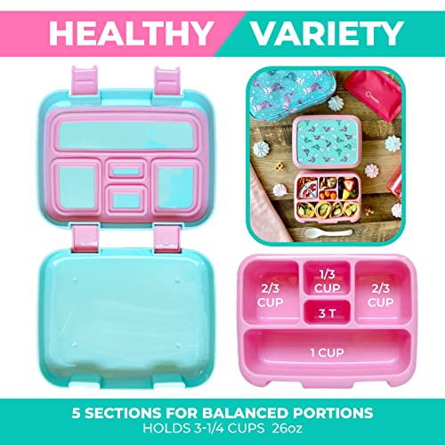 Kinsho Bento Lunch Box for Kids Toddlers, 5 Portion Control Sections, BPA Free Removable Plastic Tray, Pre-School Kid Toddler Daycare Lunches, Snack Container Ages 3 to 7 (Aqua Cat Mermaid)