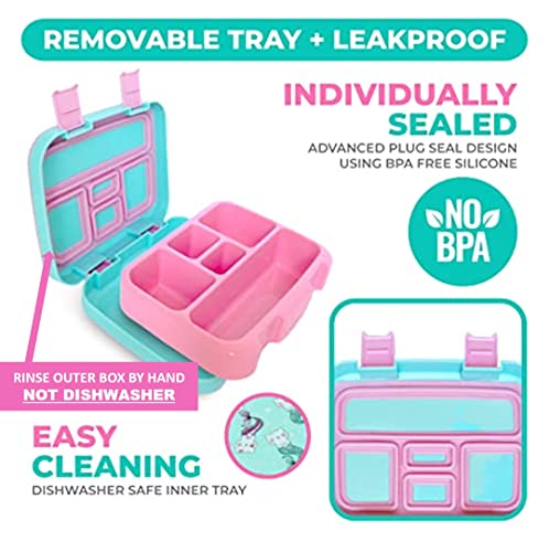 Kinsho Bento Lunch Box for Kids Toddlers, 5 Portion Control Sections, BPA Free Removable Plastic Tray, Pre-School Kid Toddler Daycare Lunches, Snack Container Ages 3 to 7 (Aqua Cat Mermaid)