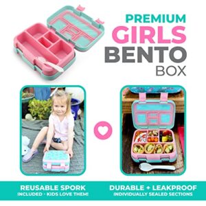 Kinsho Bento Lunch Box for Kids Toddlers, 5 Portion Control Sections, BPA Free Removable Plastic Tray, Pre-School Kid Toddler Daycare Lunches, Snack Container Ages 3 to 7 (Aqua Cat Mermaid)