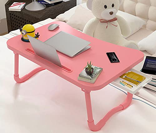 Laptop Desk Foldable Bed Table, Portable Lap Desk Laptop Bed Tray Table with Storage Drawer and Cup Holder, Lap Tray Table Notebook Stand Reading Desk Breakfast Tray for Bed Couch Sofa Floor – Pink