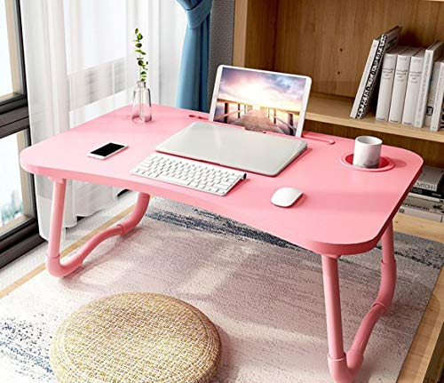 Laptop Desk Foldable Bed Table, Portable Lap Desk Laptop Bed Tray Table with Storage Drawer and Cup Holder, Lap Tray Table Notebook Stand Reading Desk Breakfast Tray for Bed Couch Sofa Floor – Pink