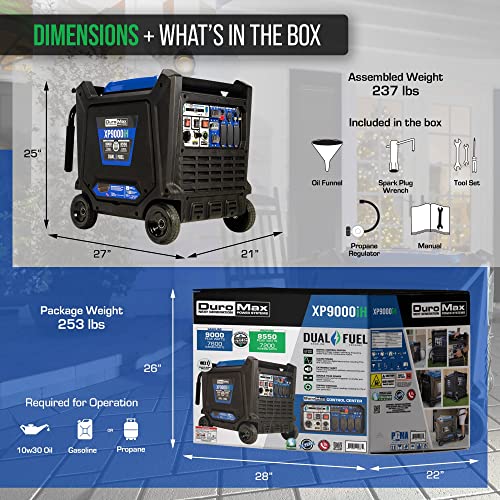 DuroMax XP9000iH 9000-Watt 459cc Dual Fuel Digital Inverter Hybrid Portable Generator, Blue