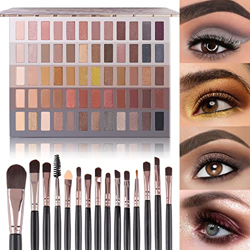 UCANBE 60 Colors Naked Eyeshadow Palette + 15Pcs Makeup Brush Set, All in One Nude Neutral Smokey Makeup Pallet with Brushes Tools, Pigmented Warm Matte Shimmer Powder Eye Shadows Cosmetic Halloween Beauty Kit