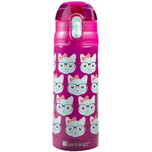 bentology stainless steel 13 oz kitty insulated water bottle for girls- easy to use for kids - reusable spill proof bpa-free, fits in most lunch boxes & bags, use for summer camp, back to school