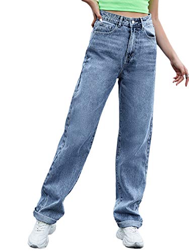 SweatyRocks Women's Casual Boyfriend Jeans High Rise Denim Pants with Pocket Blue M