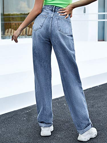 SweatyRocks Women's Casual Boyfriend Jeans High Rise Denim Pants with Pocket Blue M