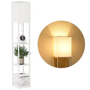 sunmory shelf floor lamp with 3-way dimmable led bulb, modern square standing lamp with shelves and white shade, corner display bookshelf lamp for living room and bedroom(white)
