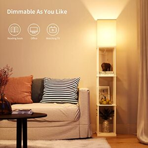 SUNMORY Shelf Floor Lamp with 3-Way Dimmable LED Bulb, Modern Square Standing Lamp with Shelves and White Shade, Corner Display Bookshelf Lamp for Living Room and Bedroom(White)