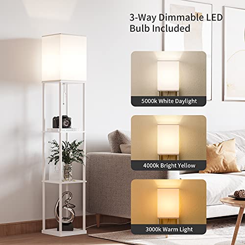 SUNMORY Shelf Floor Lamp with 3-Way Dimmable LED Bulb, Modern Square Standing Lamp with Shelves and White Shade, Corner Display Bookshelf Lamp for Living Room and Bedroom(White)