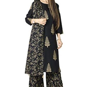 Chandrakala Gold Foil Printed Kurti Palazzo Set for Women Rayon Indian Ethnic Tunic,Small (K176BLA1)