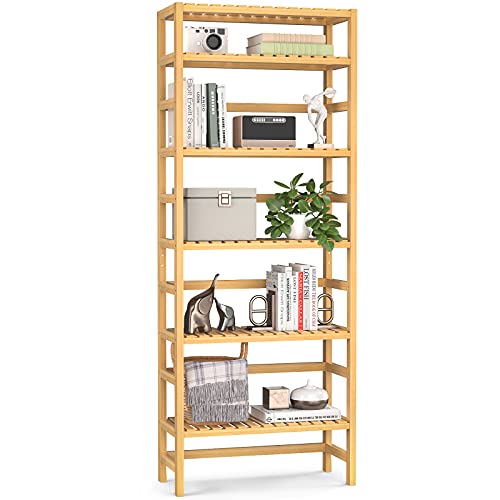 Homykic Bookshelf, 6-Tier Bamboo Adjustable 63.4” Tall Bookcase Book Shelf Organizer, Free Standing Storage Shelving Unit for Living Room, Kitchen, Bedroom, Bathroom, Office, Rust Resistance, Natural