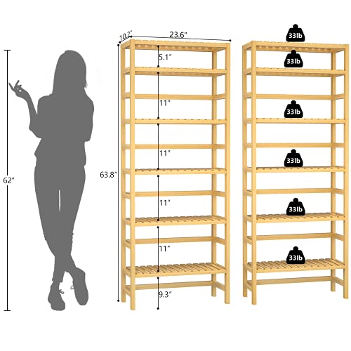 Homykic Bookshelf, 6-Tier Bamboo Adjustable 63.4” Tall Bookcase Book Shelf Organizer, Free Standing Storage Shelving Unit for Living Room, Kitchen, Bedroom, Bathroom, Office, Rust Resistance, Natural