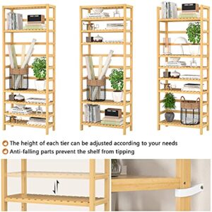 Homykic Bookshelf, 6-Tier Bamboo Adjustable 63.4” Tall Bookcase Book Shelf Organizer, Free Standing Storage Shelving Unit for Living Room, Kitchen, Bedroom, Bathroom, Office, Rust Resistance, Natural