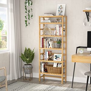 Homykic Bookshelf, 6-Tier Bamboo Adjustable 63.4” Tall Bookcase Book Shelf Organizer, Free Standing Storage Shelving Unit for Living Room, Kitchen, Bedroom, Bathroom, Office, Rust Resistance, Natural