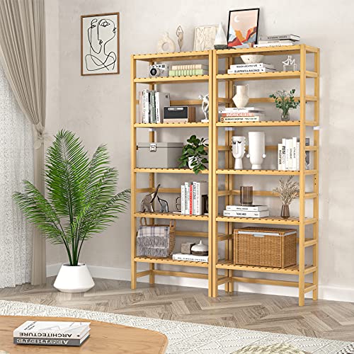 Homykic Bookshelf, 6-Tier Bamboo Adjustable 63.4” Tall Bookcase Book Shelf Organizer, Free Standing Storage Shelving Unit for Living Room, Kitchen, Bedroom, Bathroom, Office, Rust Resistance, Natural