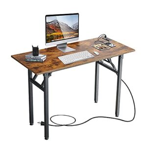 temi 31.5'' computer desk with power outlet, home office writing desk, study table workstation, stable metal frame, rustic brown