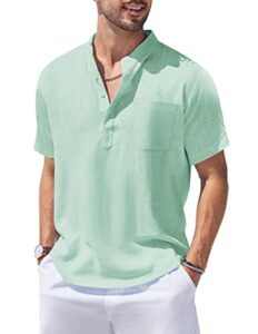 coofandy mens cotton linen henley hippie casual beach t shirt with pocket, green, large, short sleeve
