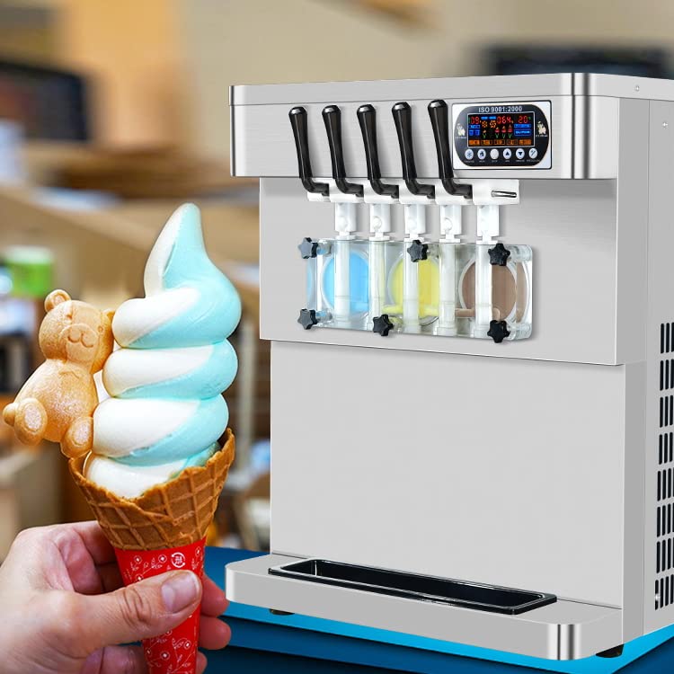 Kolice Commercial 3+2 Mixed Flavors Soft Serve Ice Cream Machine, Softy Yogurt Ice Cream Maker-Upper Tanks Refrigerated & Transperant Dispenser Set & ETL