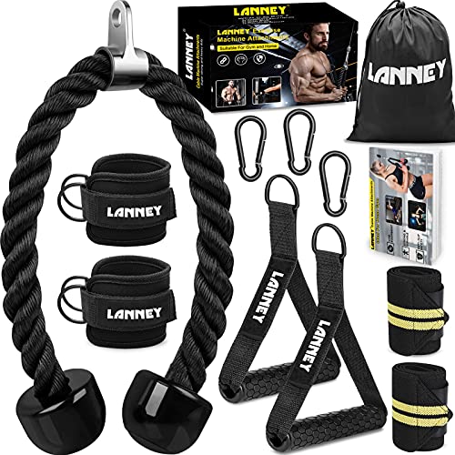 Tricep Rope Cable Machine Attachment, 35" Triceps Pull Down Rope LAT Pulldown Attachments, Home Gym Accessories Set with Resistance Bands Handle, Ankle Straps, Carabiner, Wrist Wraps for Exercise