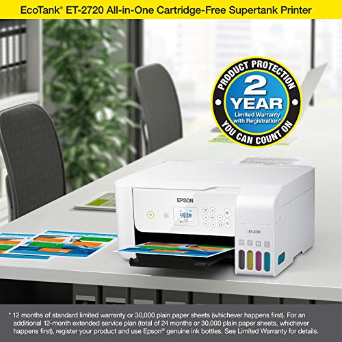 Epson EcoTank ET-2720 Wireless Color All-in-One Supertank Printer with Scanner and Copier – White (Renewed)