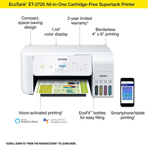 Epson EcoTank ET-2720 Wireless Color All-in-One Supertank Printer with Scanner and Copier – White (Renewed)