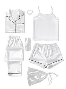 lyaner women's pajamas set 7pcs silk satin sleepwear loungewear cami shirt pj set white small