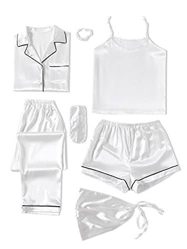 LYANER Women's Pajamas Set 7pcs Silk Satin Sleepwear Loungewear Cami Shirt Pj Set White Small