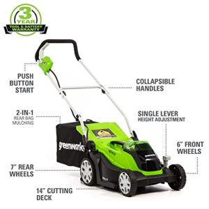 Greenworks 40V 14-Inch Mower/Axial Blower/12-Inch String Trimmer Combo Kit, 4Ah USB Battery and Charger Included, CK40B411