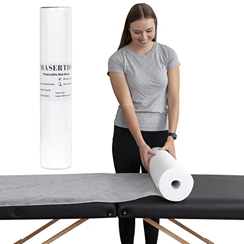 MASERTIO Disposable Massage Table Sheets - 60 Sheets Per Roll - Recyclable Nonwoven Fabric Disposable Bed Sheets for Massage, Tattoo, SPA - No-Crinkle Massage Sheets - 31.5 x 71 Inches (1 Roll)