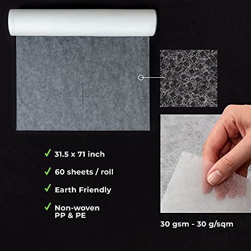 MASERTIO Disposable Massage Table Sheets - 60 Sheets Per Roll - Recyclable Nonwoven Fabric Disposable Bed Sheets for Massage, Tattoo, SPA - No-Crinkle Massage Sheets - 31.5 x 71 Inches (1 Roll)