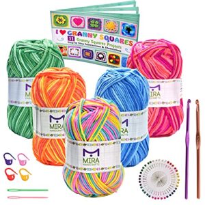 mira handcrafts multicolored crochet yarn for knitting and crocheting | 5 variegated yarn skeins (50g each) | total 547 yards bulk yarn with crochet kit– ideal beginners kit | rainbow colors set