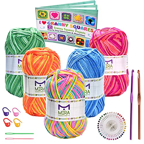 Mira Handcrafts Multicolored Crochet Yarn for Knitting and Crocheting | 5 Variegated Yarn Skeins (50g Each) | Total 547 Yards Bulk Yarn with Crochet kit– Ideal Beginners kit | Rainbow Colors Set