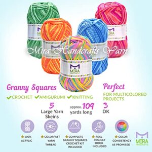 Mira Handcrafts Multicolored Crochet Yarn for Knitting and Crocheting | 5 Variegated Yarn Skeins (50g Each) | Total 547 Yards Bulk Yarn with Crochet kit– Ideal Beginners kit | Rainbow Colors Set