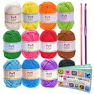 mira handcrafts 12 acrylic yarn skeins, 2 crochet hooks and real project book - total 516 yards crafts worsted yarn – ideal starter kit and excellent for mini projects and granny squares