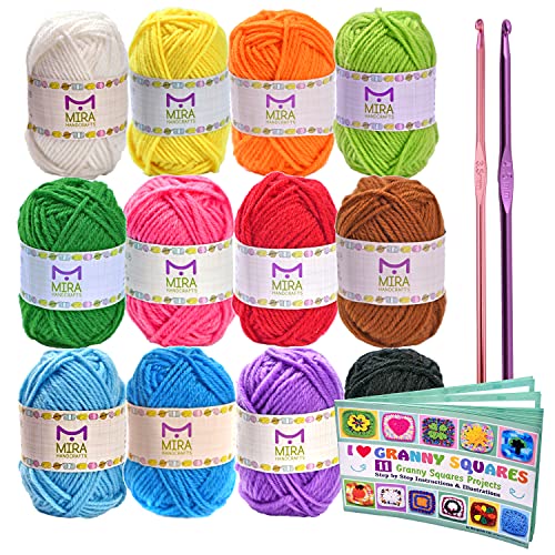 Mira Handcrafts 12 Acrylic Yarn Skeins, 2 Crochet Hooks and Real Project Book - Total 516 Yards Crafts Worsted Yarn – Ideal Starter Kit and Excellent for Mini Projects and Granny Squares