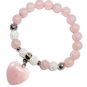 Pink Heart Charm Bracelet REAL Natural Stones Rose Quartz and Cracked Quartz Birthstone Women Bracelet Yoga Chakra Bracelet Anti-Stress Anti-Anxiety Gemstones Jewerly (quartz cracked rose qtz)