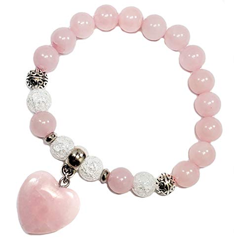 Pink Heart Charm Bracelet REAL Natural Stones Rose Quartz and Cracked Quartz Birthstone Women Bracelet Yoga Chakra Bracelet Anti-Stress Anti-Anxiety Gemstones Jewerly (quartz cracked rose qtz)