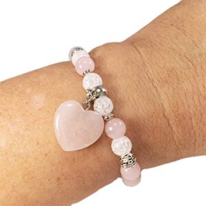 Pink Heart Charm Bracelet REAL Natural Stones Rose Quartz and Cracked Quartz Birthstone Women Bracelet Yoga Chakra Bracelet Anti-Stress Anti-Anxiety Gemstones Jewerly (quartz cracked rose qtz)