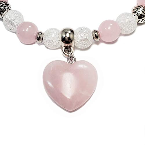 Pink Heart Charm Bracelet REAL Natural Stones Rose Quartz and Cracked Quartz Birthstone Women Bracelet Yoga Chakra Bracelet Anti-Stress Anti-Anxiety Gemstones Jewerly (quartz cracked rose qtz)