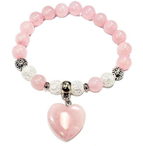 Pink Heart Charm Bracelet REAL Natural Stones Rose Quartz and Cracked Quartz Birthstone Women Bracelet Yoga Chakra Bracelet Anti-Stress Anti-Anxiety Gemstones Jewerly (quartz cracked rose qtz)