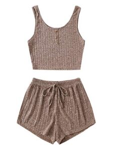 soly hux women's button front ribbed knit tank top and shorts pajama set sleepwear lounge sets mocha brown m
