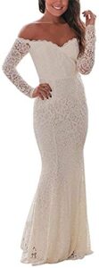 benegreat women's long sleeve elegant lace evening mermaid maxi foraml party wedding dress white
