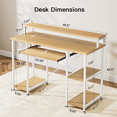 NOBLEWELL Computer Desk with Storage Shelves, 47 inch Home Office Desk with Monitor Stand, Writing Desk Table with Keyboard Tray (Bamboo)