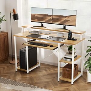 NOBLEWELL Computer Desk with Storage Shelves, 47 inch Home Office Desk with Monitor Stand, Writing Desk Table with Keyboard Tray (Bamboo)