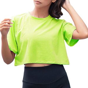 artfish women short sleeve crewneck comfy loose crop top teen t-shirt workout neon lime, s