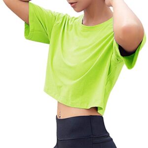 Artfish Women Short Sleeve Crewneck Comfy Loose Crop Top Teen T-Shirt Workout Neon Lime, S