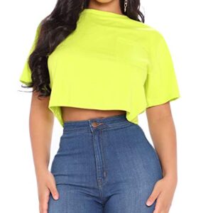 Artfish Women Short Sleeve Crewneck Comfy Loose Crop Top Teen T-Shirt Workout Neon Lime, S