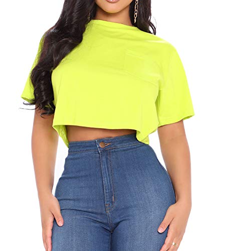 Artfish Women Short Sleeve Crewneck Comfy Loose Crop Top Teen T-Shirt Workout Neon Lime, S